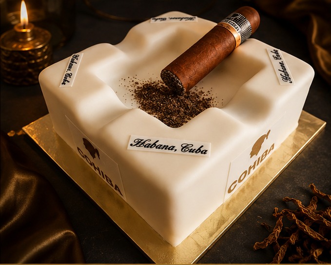 White 3D cake shaped like an ashtray with a cigar