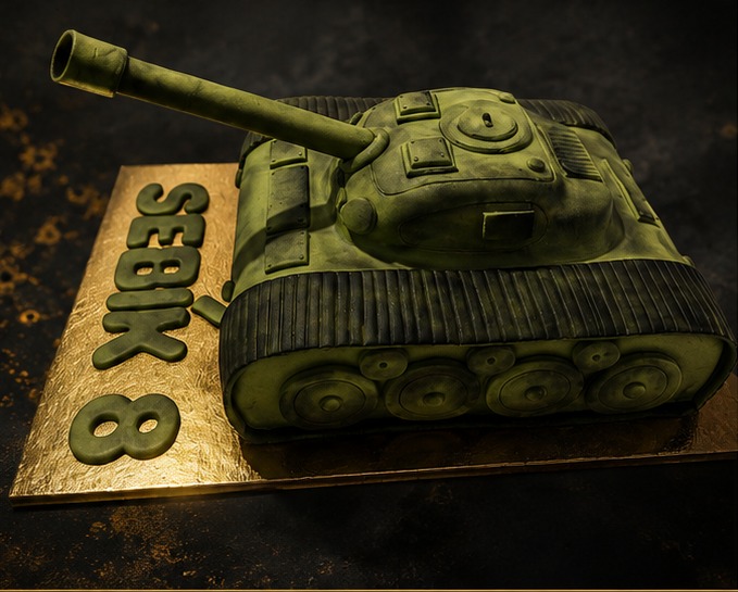 3D cake shaped like a tank with a green marzipan surface