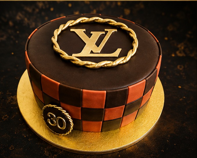 Luxury chocolate cake with a golden monogram and checkerboard pattern